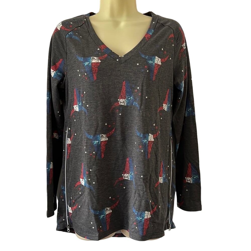 PrinStory Gray Patriotic Print Long Sleeve Knit Top NWT